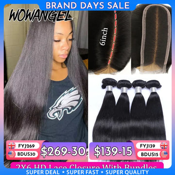 Straight Human Hair Bundles with 2x6 HD Lace Closure, Deep Part