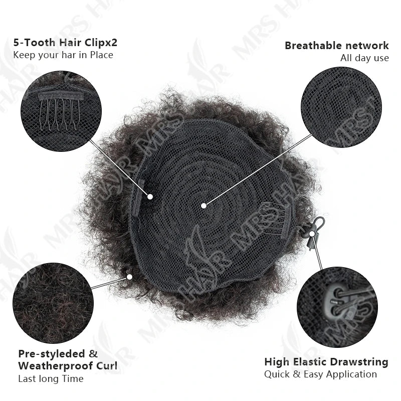 Curly Human Hair Ponytail Afro Kinky Puff Drawstring Bun Piece Clip in