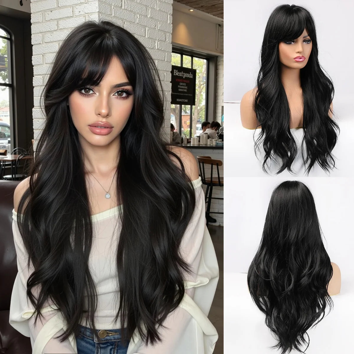 Long Copper Brown Synthetic Curly Wig Auburn Bangs Layered Straight Hair Natural