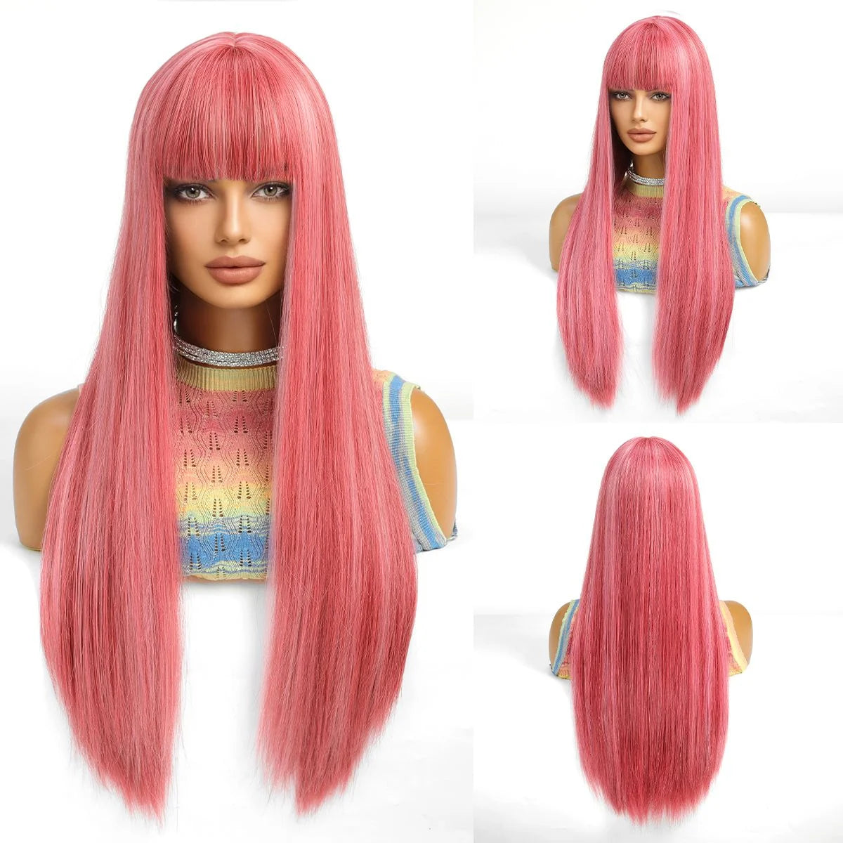 Black Highlight Pink Synthetic Wig Bangs Long Straight Red Cosplay Party Christmas