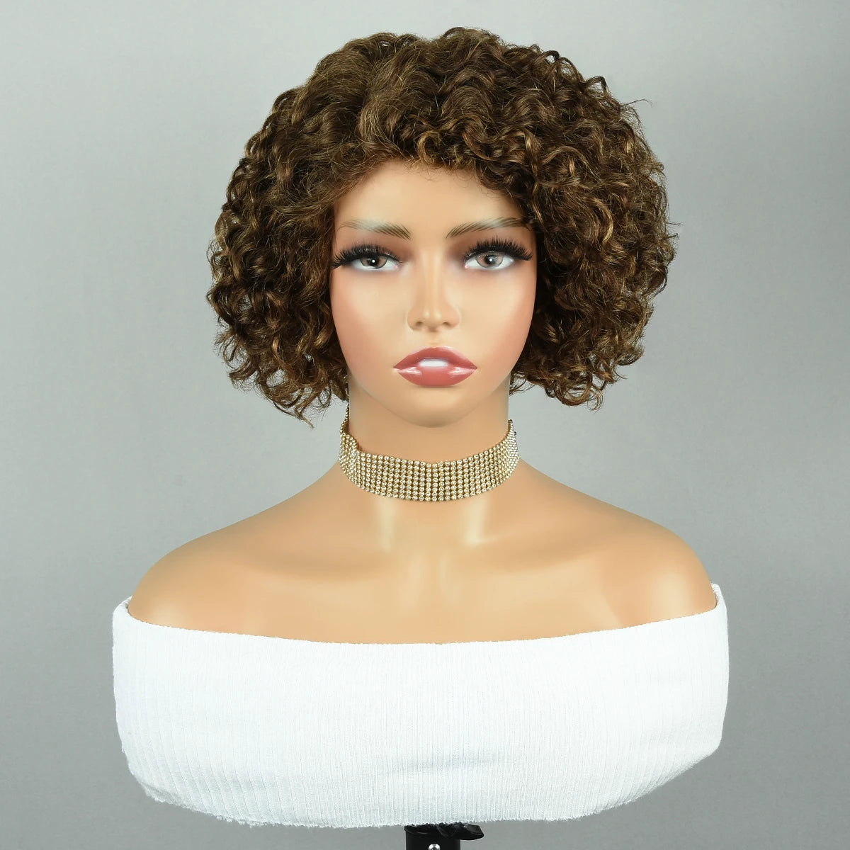 Brown Curly Pixie Cut Wigs Part Lace Human Hair Jerry Closure 8Inch