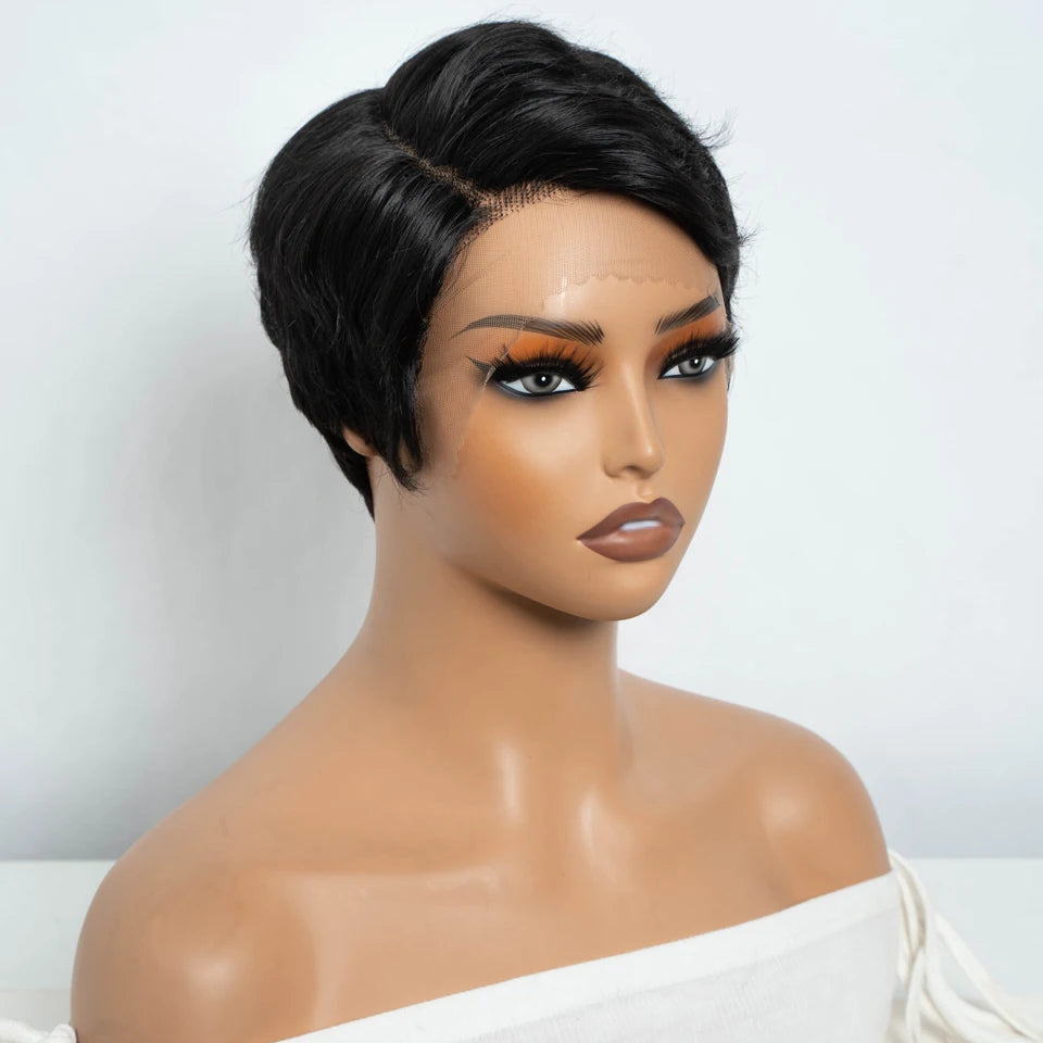 Black Short Pixie Cut, 13x1 C Part Lace Front 100% Human Hair