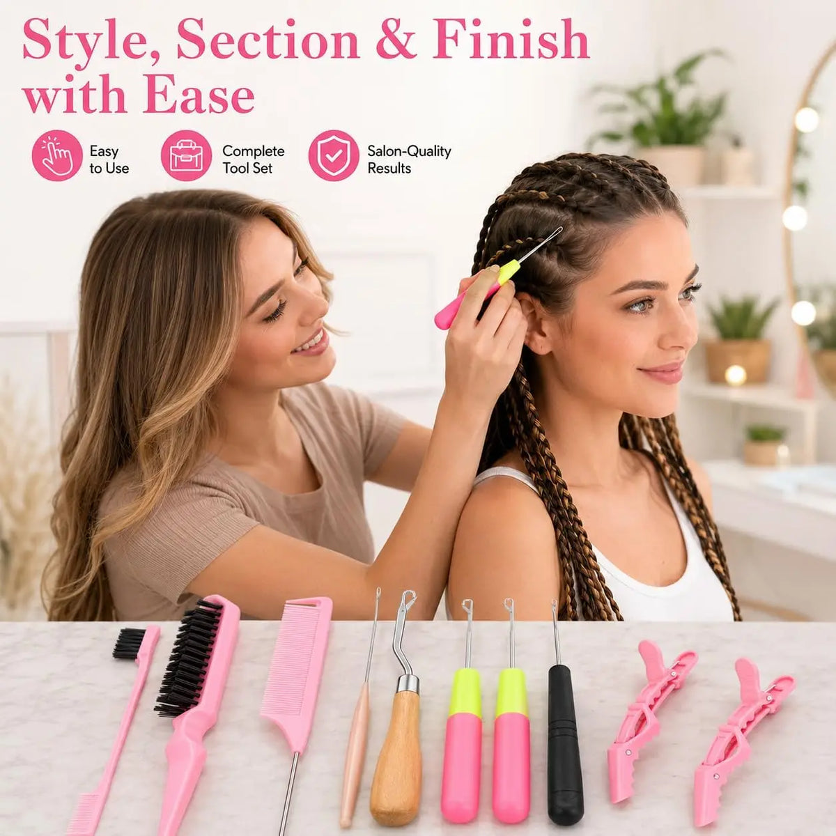 15-Piece Styling Kit Braiding Extensions,crochet Hooks Hair Tail Comb Duckbill Clips,for Braid