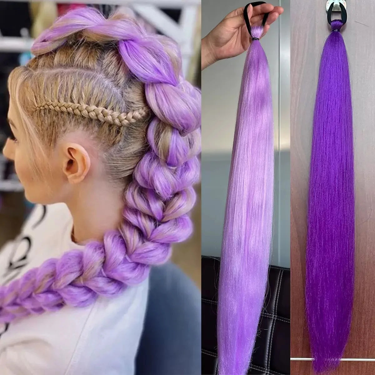 28 Inch Synthetic Long Straight Ponytail, Purple DIY Braided Ponytail with Rubber Band