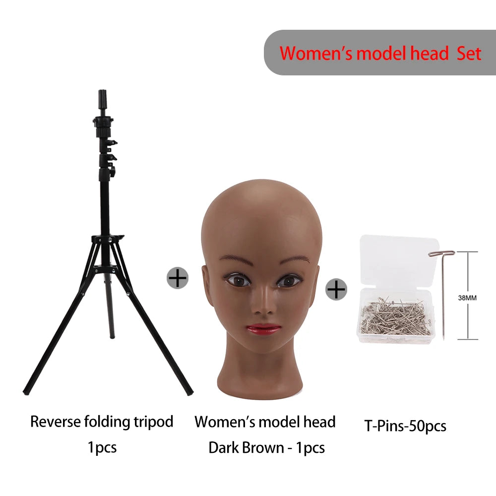 Foldable Wig Stand Tripod With 21-25Inch Canvas Head Black Male Bald Head Mannequin With Stand Wig Head Stand Tripod