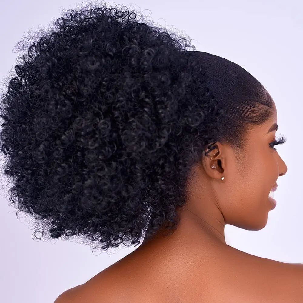 Synthetic Afro Puff Kinky Curly Hair Drawstring Ponytail Extension Short Hairpieces Updo with Two Clips