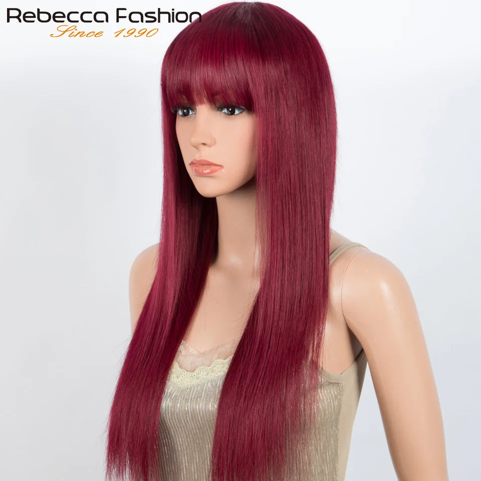 Brazilian Straight Human Hair Wigs Bangs Burgendy Put On Go, 100% Remy