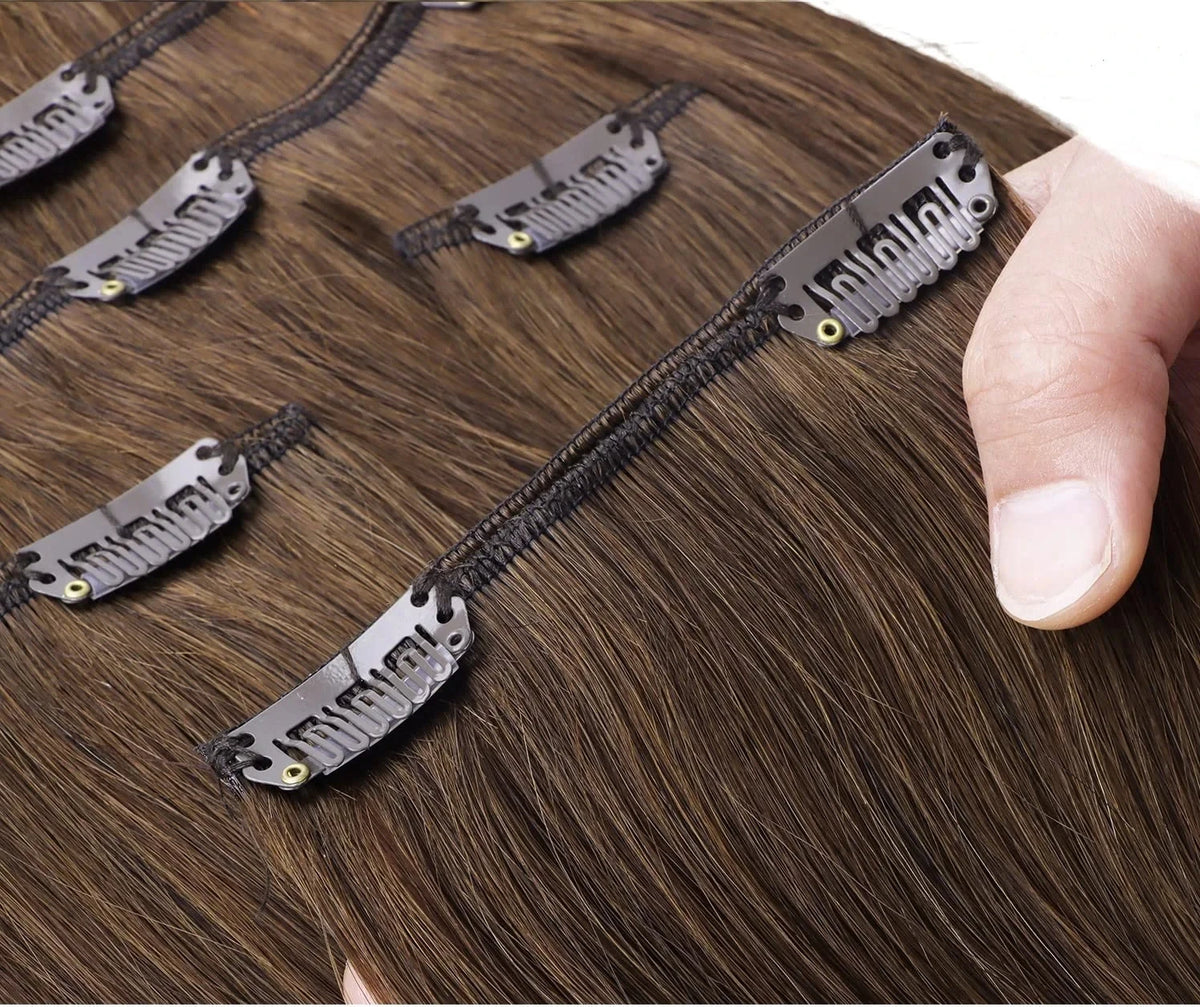 Clip in Hair Extensions Chestnut Brown Double Weft Thick 120G Silky Straight