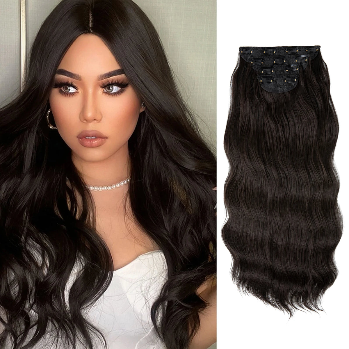 Synthetic Long Wavy Clip in Hair Extensions 22" Thick Hairpiece Brown Blonde
