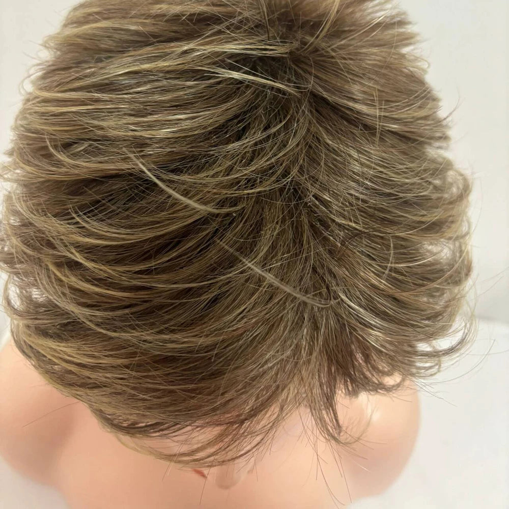 Short Dark Brown Mixed Blonde Highlight Pixie Cut Wigs with Bangs Synthetic Hair Layered Wigs