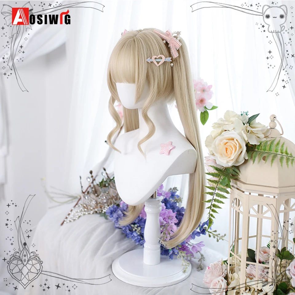 Blonde Twin Ponytail Princess Cut Natural Short Hair Synthetic Wigs Bangs Heat