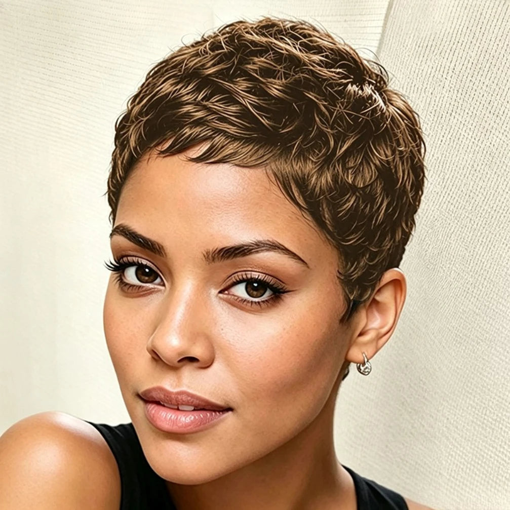 Curly Wave Wig, 150% Density Pixie Cut Human Hair Machine Made Daily