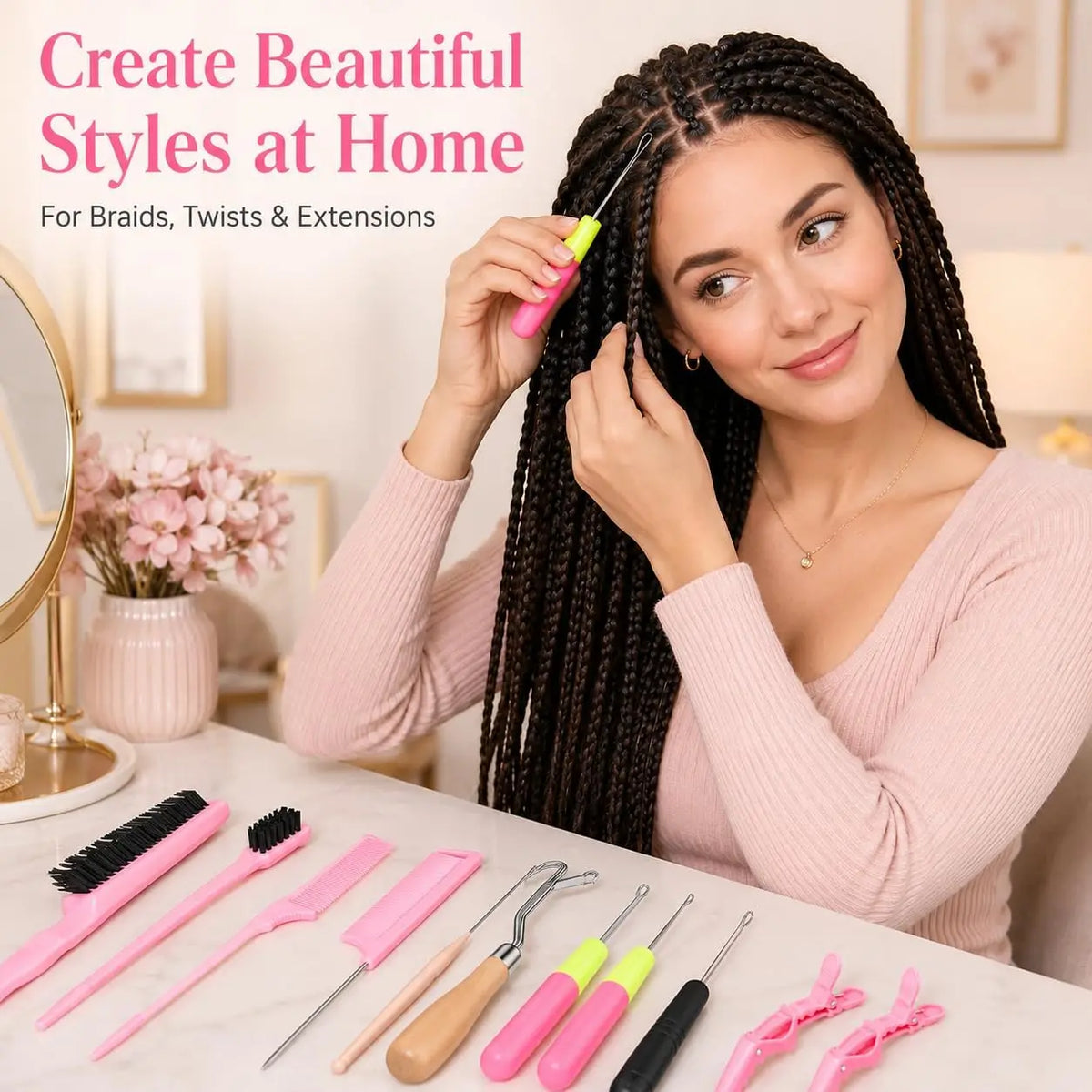 15-Piece Styling Kit Braiding Extensions,crochet Hooks Hair Tail Comb Duckbill Clips,for Braid
