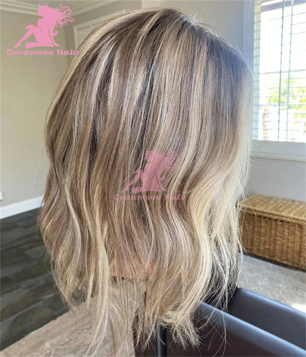 Human Hair Lace Frontal Wig Ombre Blonde Highlights Natural Wave Brown Roots