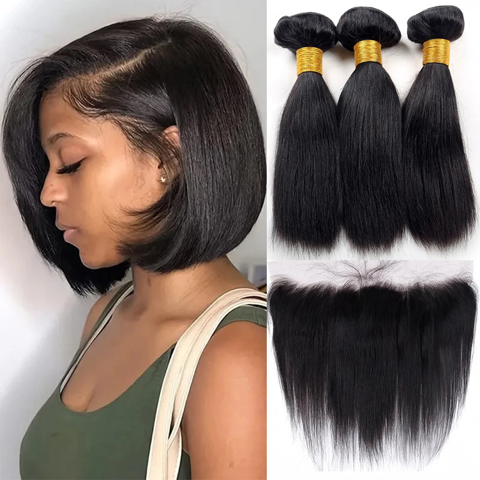 15A Brazilian Bone Straight Bundles with 13x4 Frontal, Virgin Human Hair, HD Transparent Lace