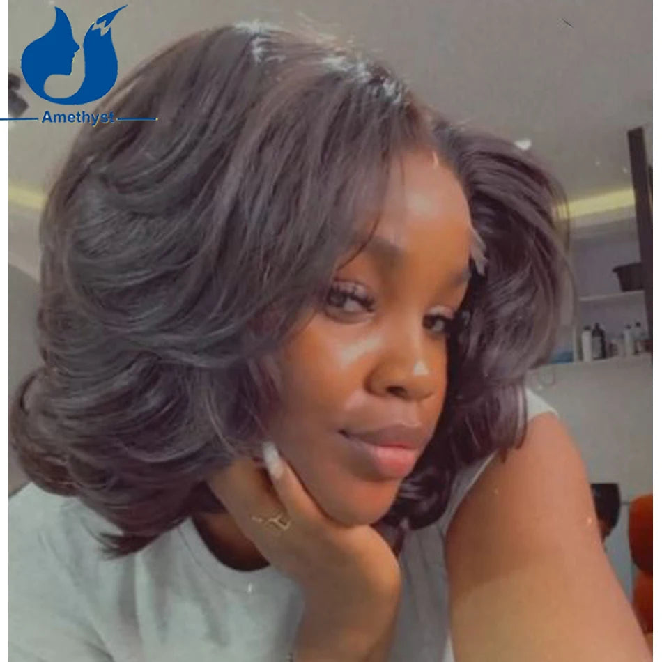 Layered Middle Part Silk Top Lace Closure Human Hair Wig, Short Bob, Pre Plucked