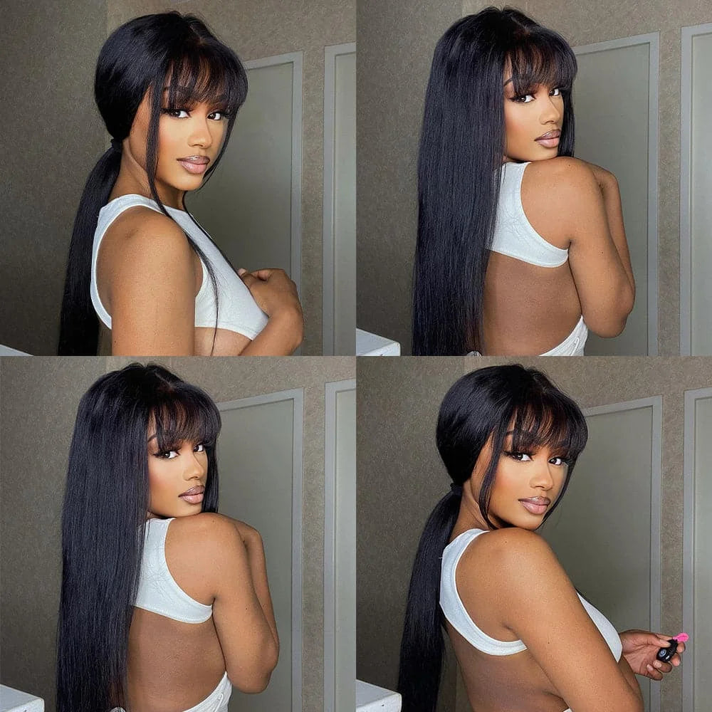 Straight Wigs Bangs Human Hair None Lace Front Brazilian Virgin Glueless Machine