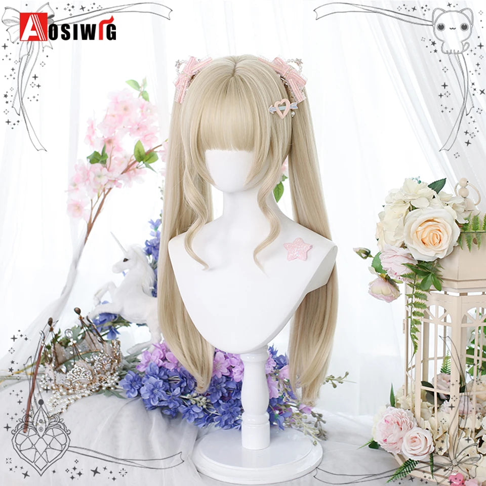 Blonde Twin Ponytail Princess Cut Natural Short Hair Synthetic Wigs Bangs Heat