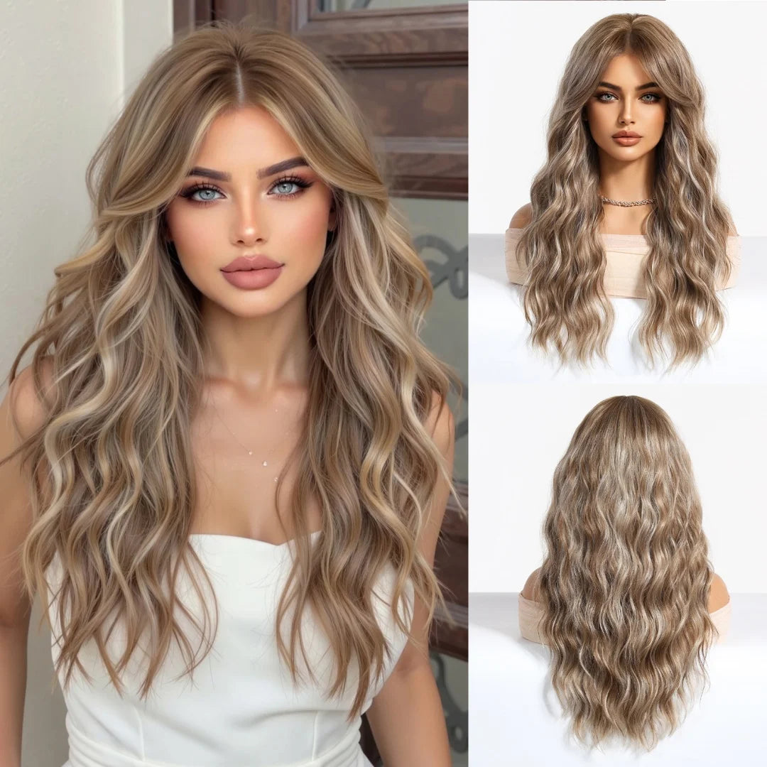 Platinum Blonde White Highlight Dark Roots Synthetic Hair Wigs Long Wavy Cosplay