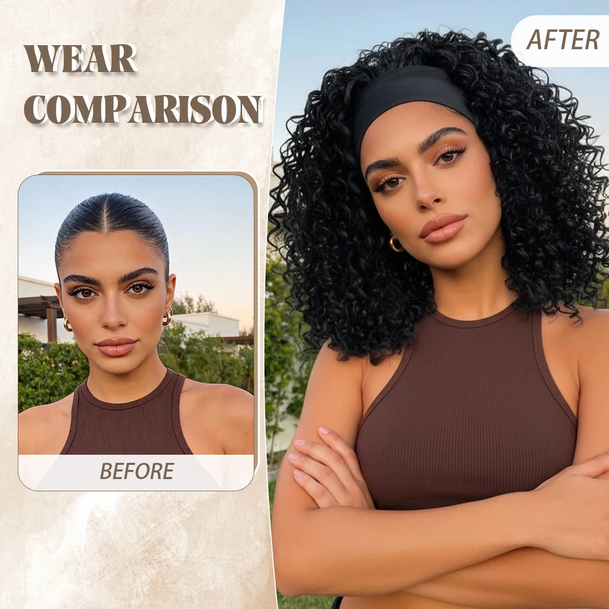 14 Inch Short Straight Headband Synthetic Natural Curly Black Wig, Suitable 's Daily Party Use with Heat-Resistan