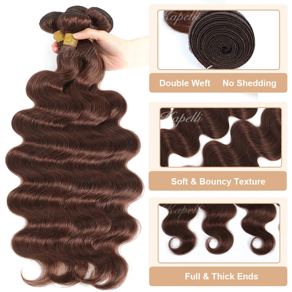 Brown Body Wave Human Hair Bundles with Lace Closure — Brazilian, Remy
