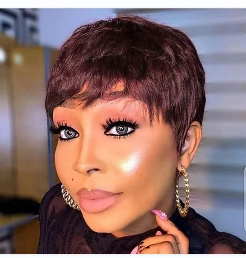Short Brown Wig Human Hair Pixie Cut Chocolate Duby Full Machine