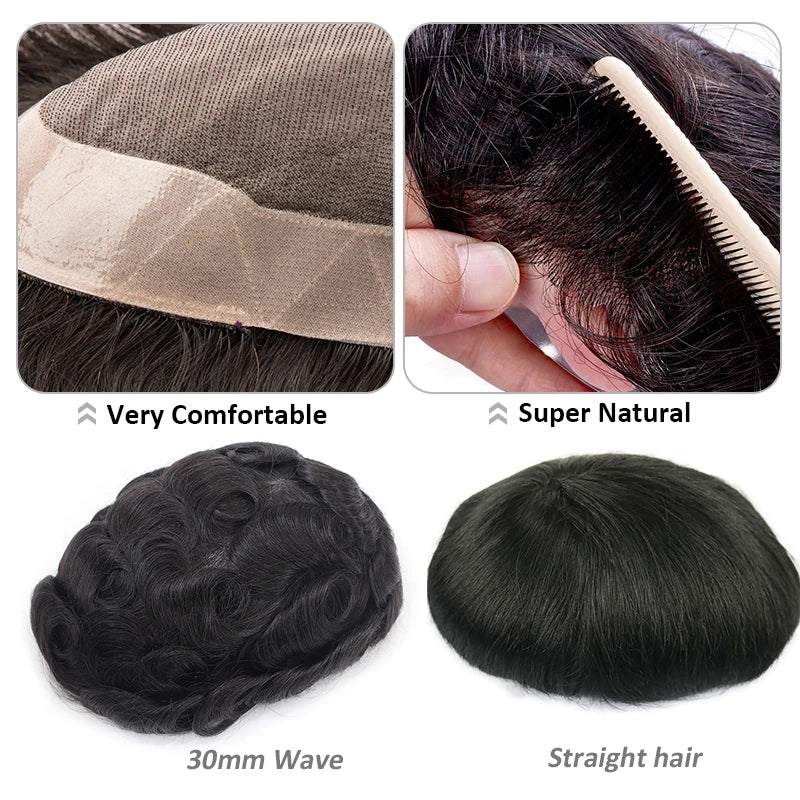 Wig Human Hair Toupee Fine Mono, 130% Density Durable Prosthesis 6" Replacement