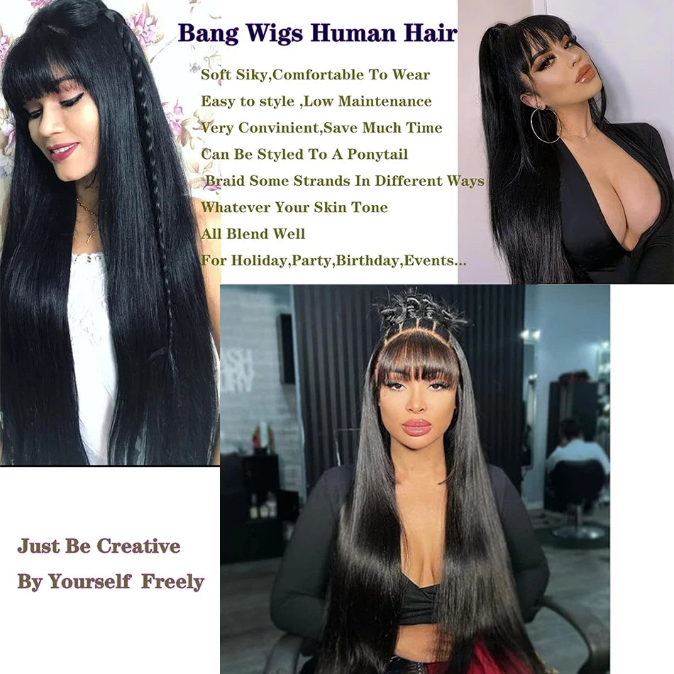 Straight Wigs Bangs Human Hair None Lace Front Brazilian Virgin Glueless Machine