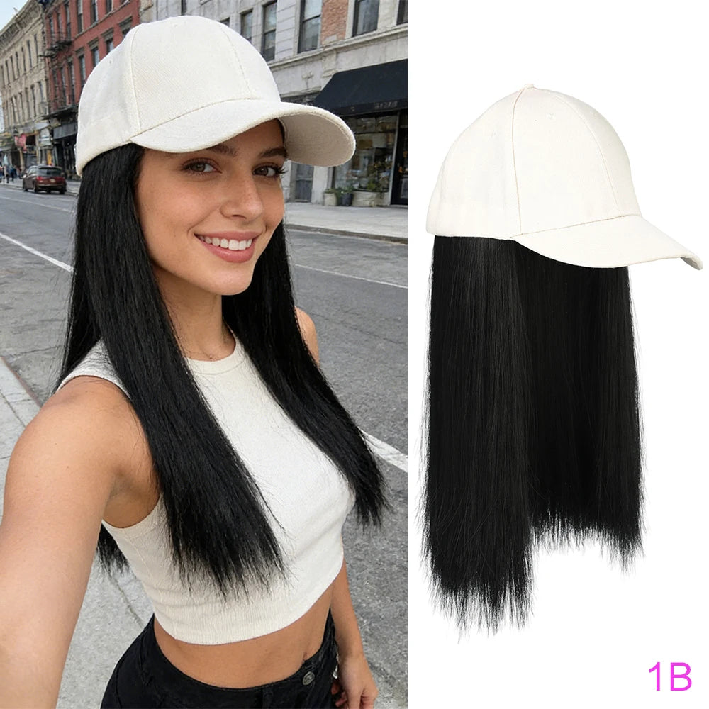 Synthetic Hat Wig with Long Straight Black Hair Baseball Cap Hair Extension Stylish & Convenient All-in-One Design