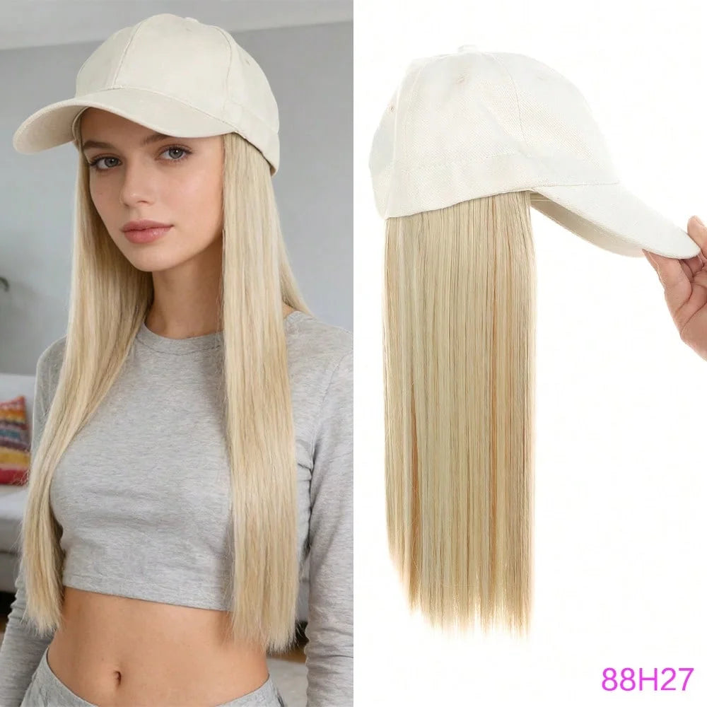 Synthetic Hat Wig with Long Straight Black Hair Baseball Cap Hair Extension Stylish & Convenient All-in-One Design