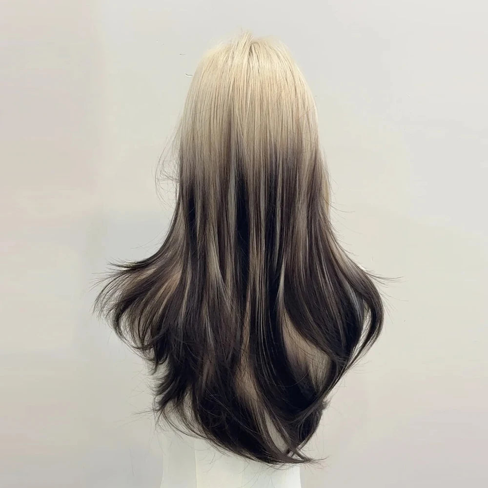 Ombre Blonde Black Synthetic Layered Wig Lolita Cosplay Daily Party Long Straight