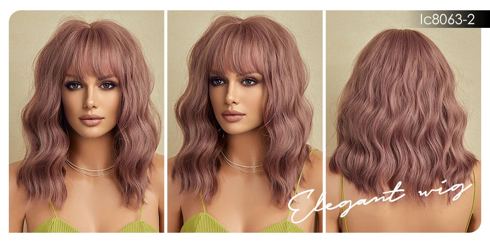 Pink BOBO Synthetic Wigs Short Natural Wave Hair Wig Party Daily High Density Heat Resistant