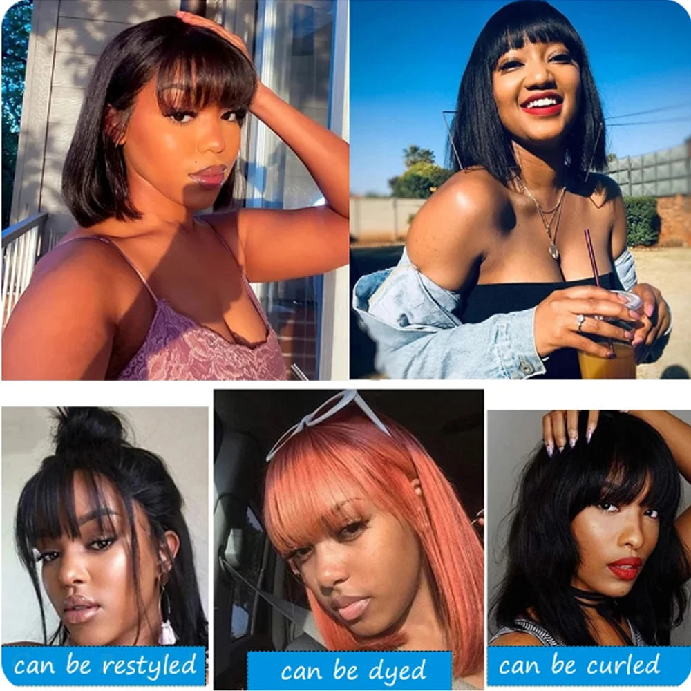 Straight Human Hair Wigs Bangs Fringe, 3x1 Part Lace Bob Realistic Scalp
