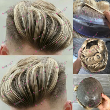 100% Human Hair Ombre Honey Brown Men's Wig Capillary Prosthesis System Natural