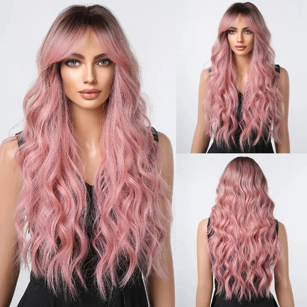 Pink BOBO Synthetic Wigs Short Natural Wave Hair Wig Party Daily High Density Heat Resistant