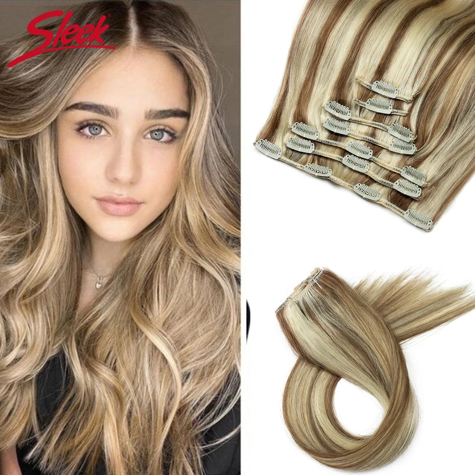 Sleek Straight Clip in Hair Extensions Human Hair Natural Blonde 613 Color 7pcs/Pack Clip in Extensions Salon-Grade Quality