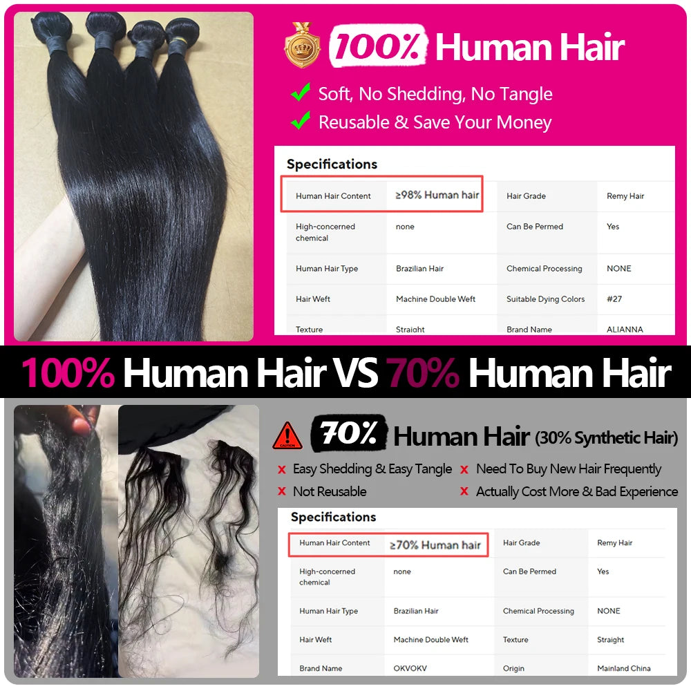 26Inch Human Hair Bundles 10A Brazilian Raw Weave Straight Extensions