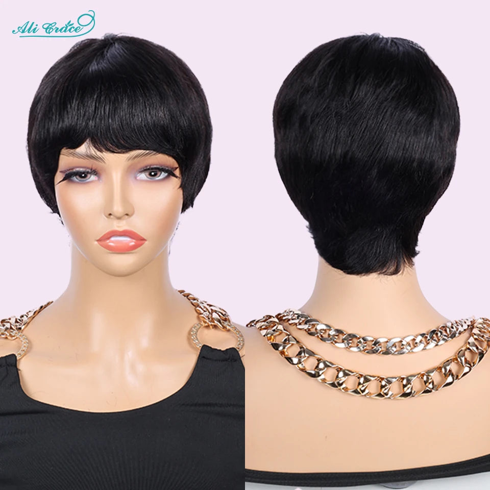 Short Bob Pixie Cut Wigs Straight Human Hair Machine Made Bangs Brazilian