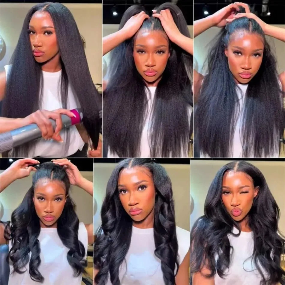 Kinky Straight HD Lace Frontal Wigs Brazilian Human Hair Density Black Full
