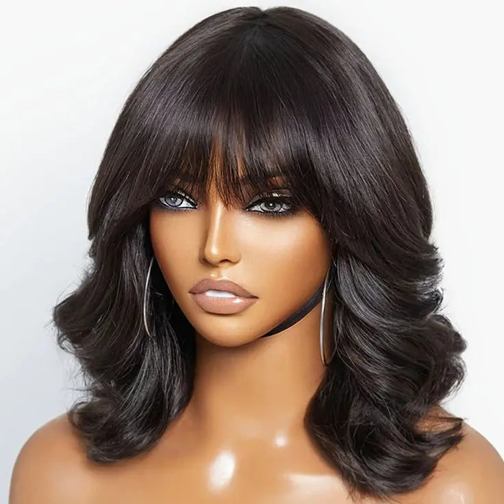 210% Density Curly Human Hair Wigs Bangs Glueless Short Bob Machine Made