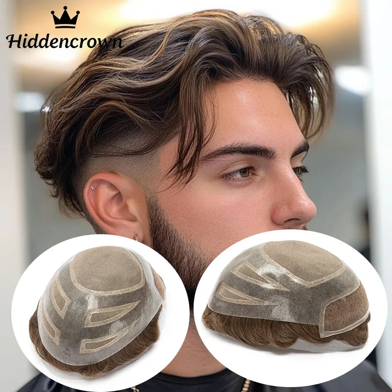 Lace with PU Men Toupee Hair Prosthesis Breathable Natural Human Hair Toupee Wig