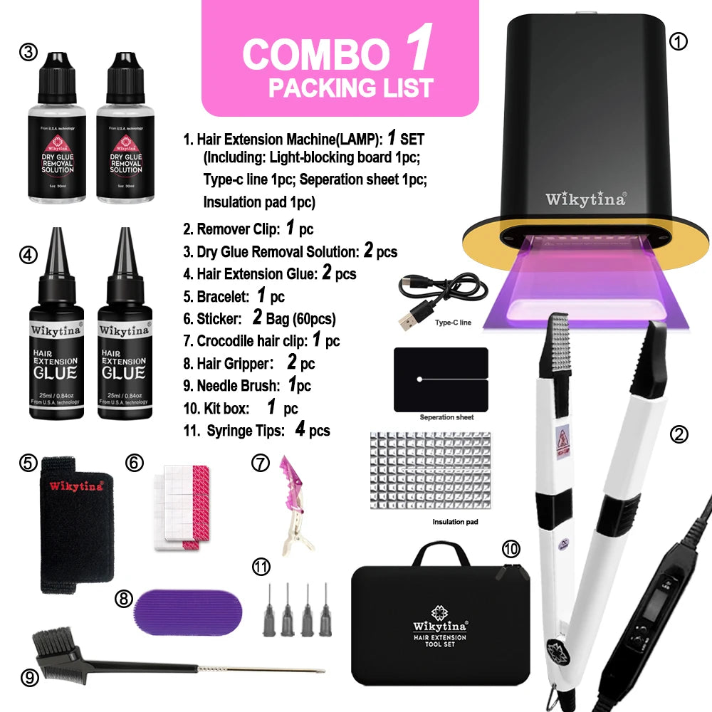 UV Light Hair Extension Machine Combo Salon Kit with Glue Remover Tools, Invisible Bonding