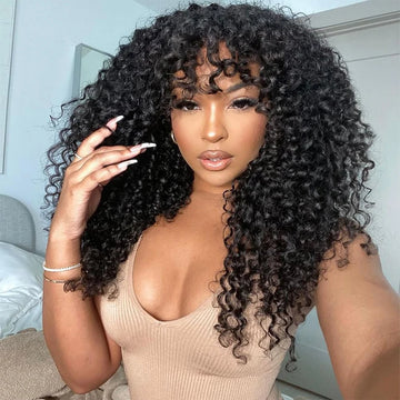 Long Water Wave Human Hair Wigs Bangs Glueless Fringe Kinky Curly Bob
