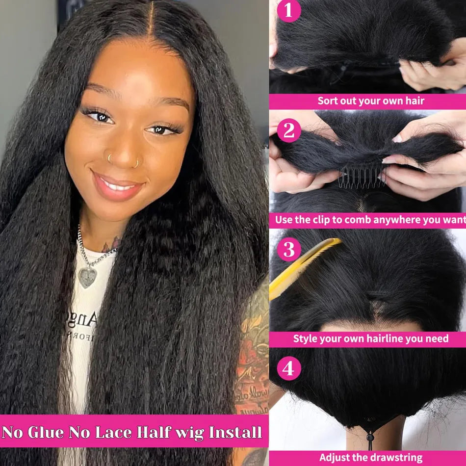 Kinky Straight 3-in-1 Half Wig Human Hair, Drawstring, 250% Density