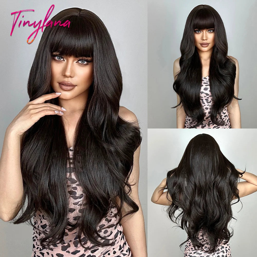 Super Long Black Wavy Synthetic Wigs Bangs Afro Dark Water Wave Halloween