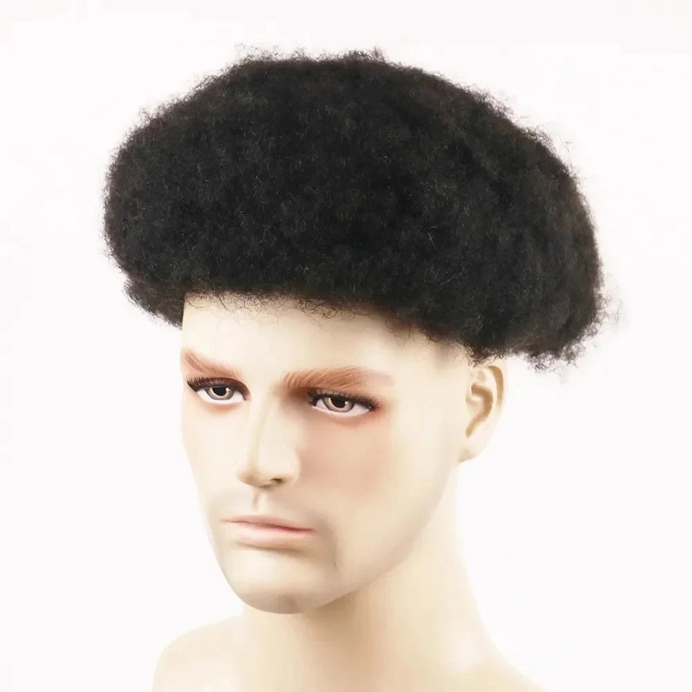 Grey Mix Black Men's Afro Tight Curly Toupee, Full PU, Indian Human Hair