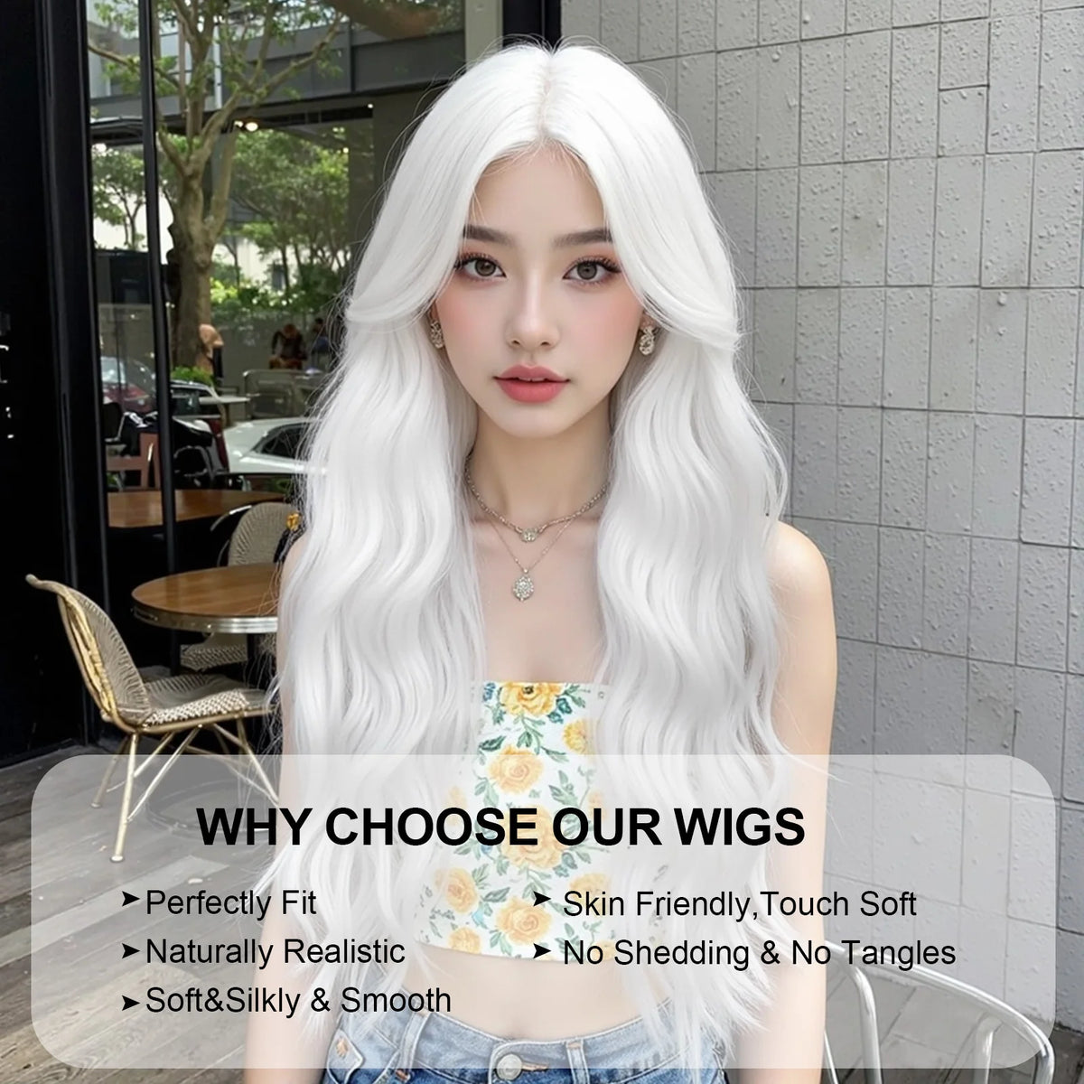 Super Long Curly Silver White Synthetic Wig Medium Part Water Wave Daily