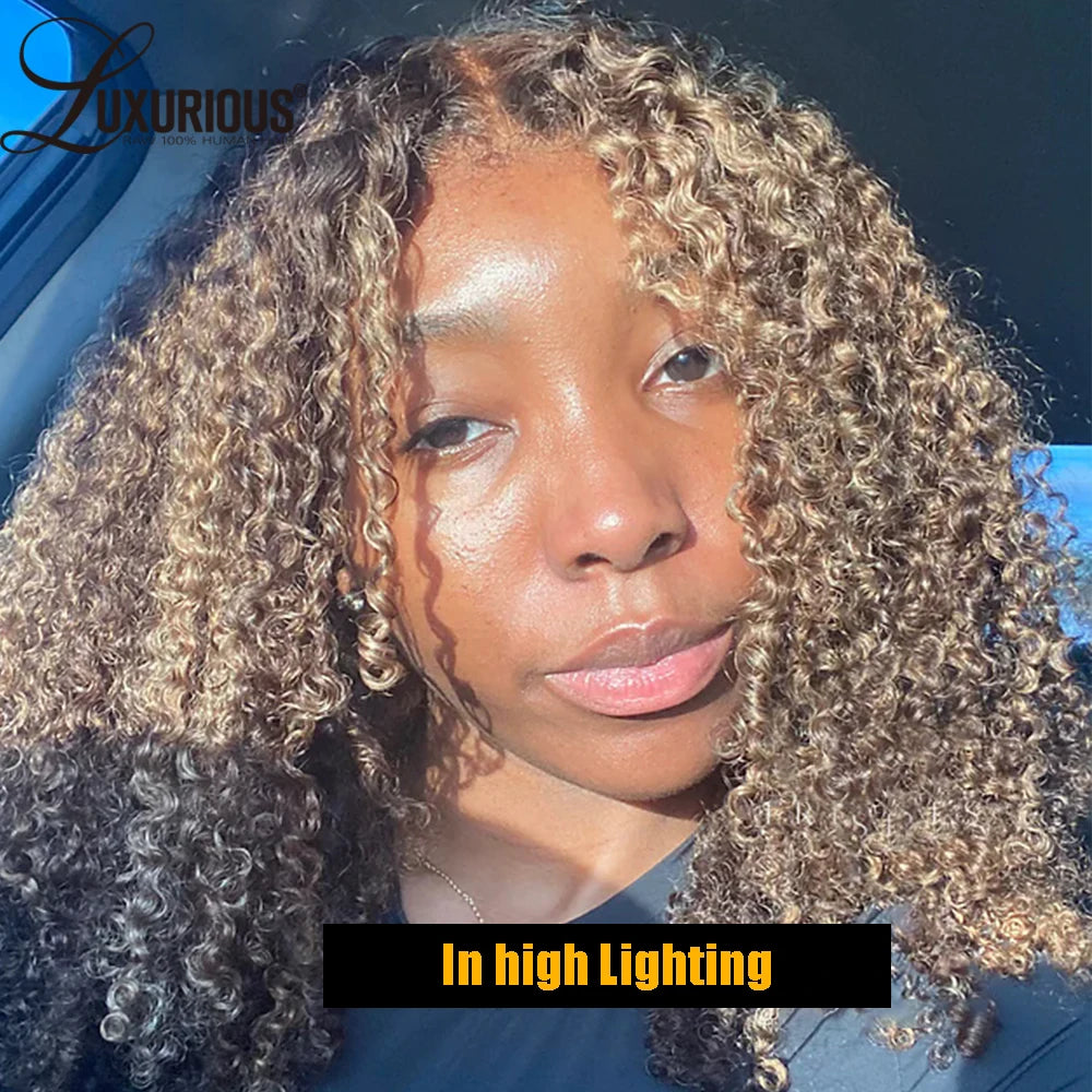 Highlight Ombre Honey Blonde Human Hair Wig 4c Edges, 13x4 Bouncy Curly