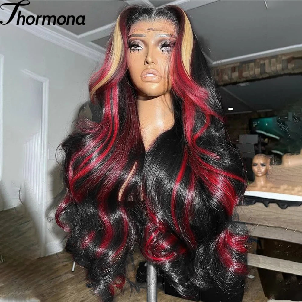 1B/99J Body Wave, 13x4 HD Lace Front Highlight Wig Synthetic Density Ombre