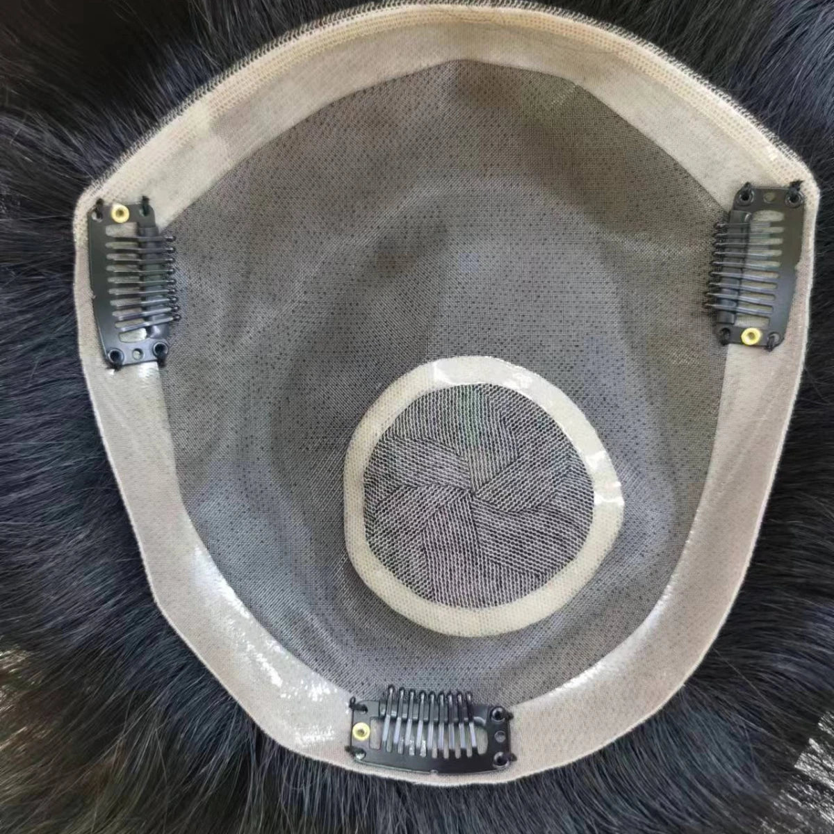 100% Human Hair Toupee Mono Top PU Sides Lace Mesh Clips Hand